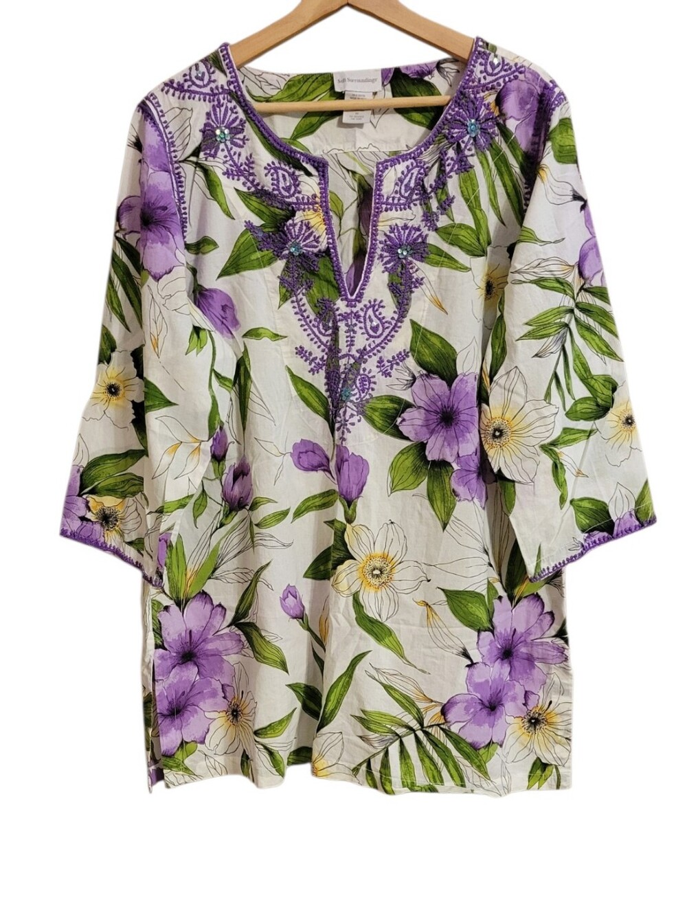 Soft Surroundings Purple Floral Embroidered Tunic Top